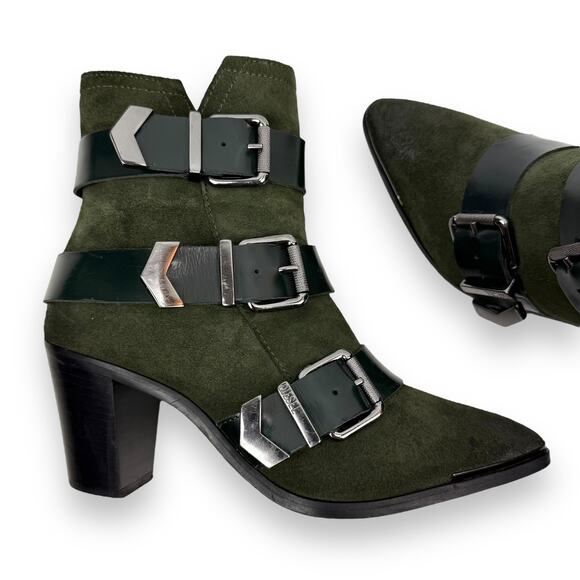 DIESEL green suede strapped buckle heeled pointed toe boots - Picture 13 of 16